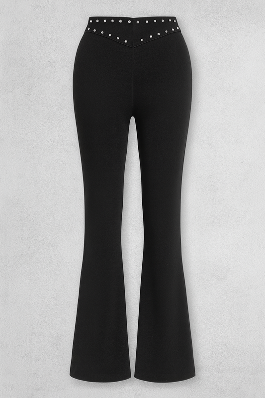 Taş Detaylı V-Bel Siyah Pantolon