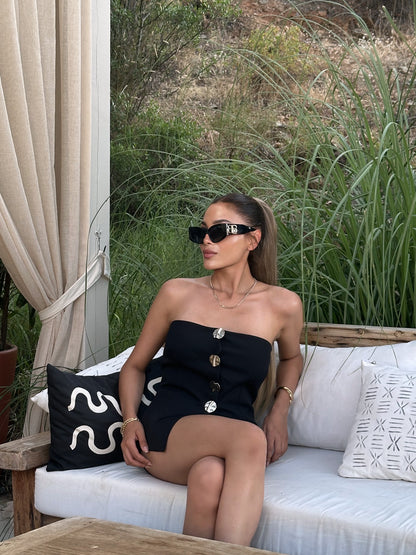 Gold Düğmeli Straplez Crop