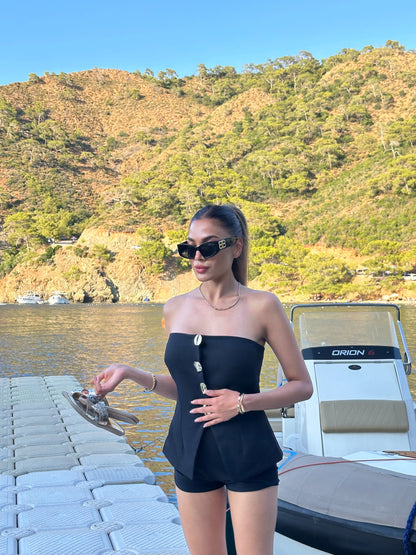 Gold Düğmeli Straplez Crop