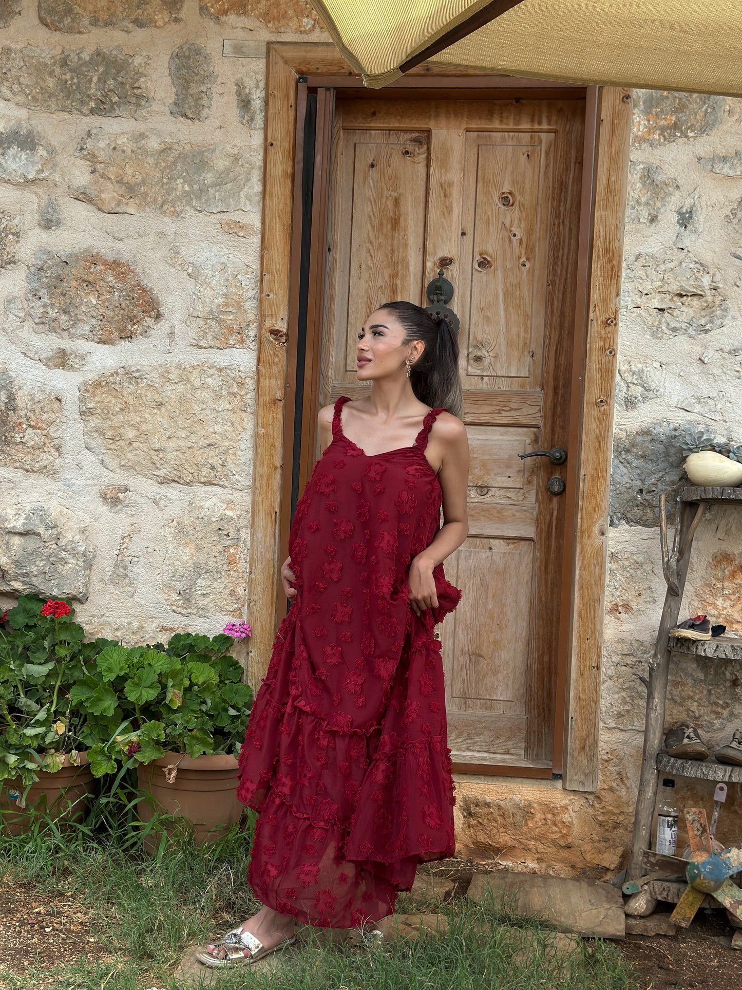 Dantel Katlı Bordo Elbise