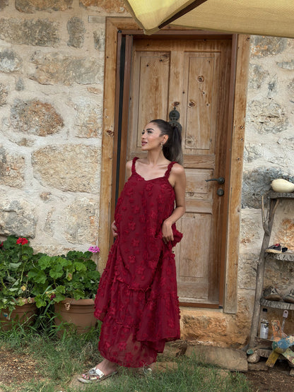 Dantel Katlı Bordo Elbise