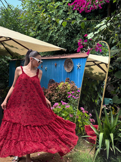 Dantel Katlı Bordo Elbise